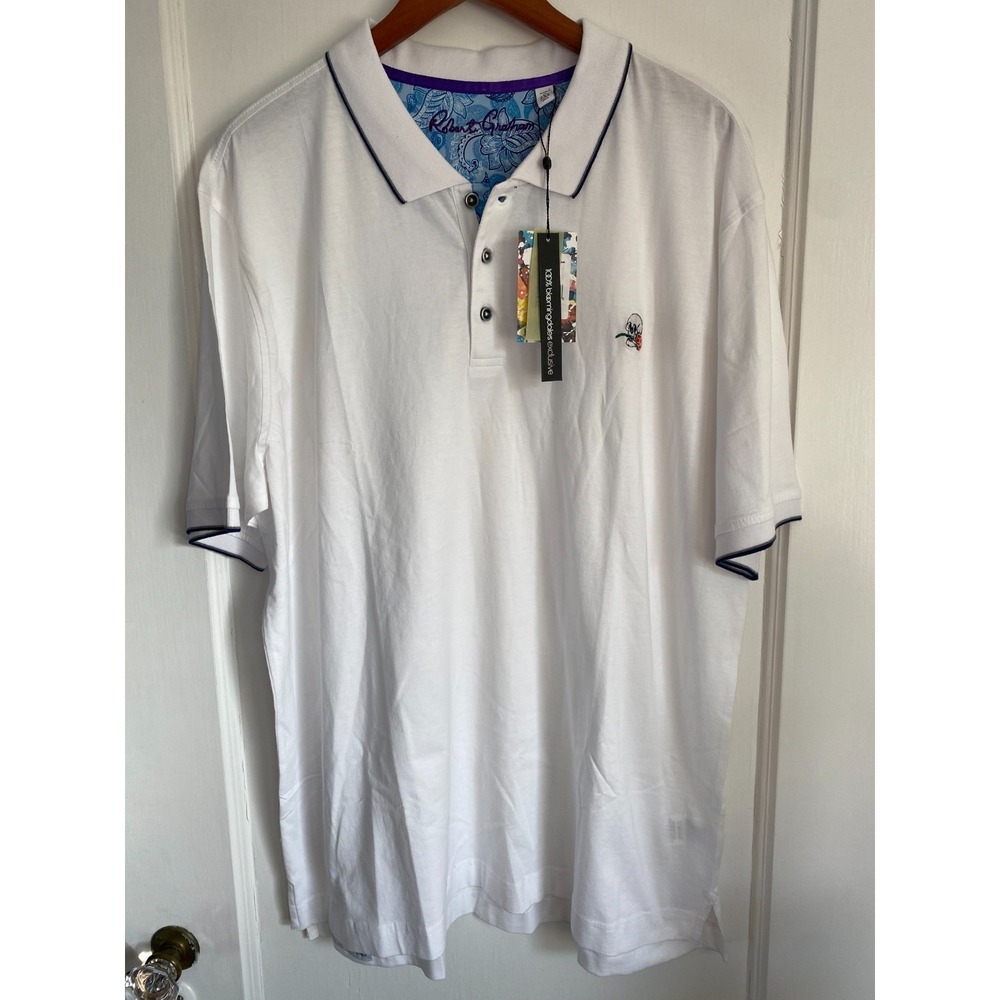 NWT Robert Graham Rossi Polo Mens 2XL White Skull Rose Embroidered Classic Fit